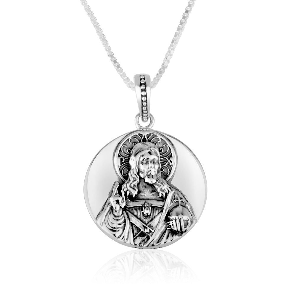 Sacred Heart of Jesus round medal necklace in sterling silver by Marina Jewelry