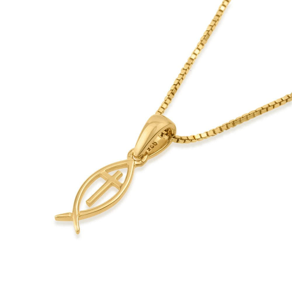Ichthus fish and cross pendant necklace in gold-plated 925 sterling silver by Marina Jewelry
