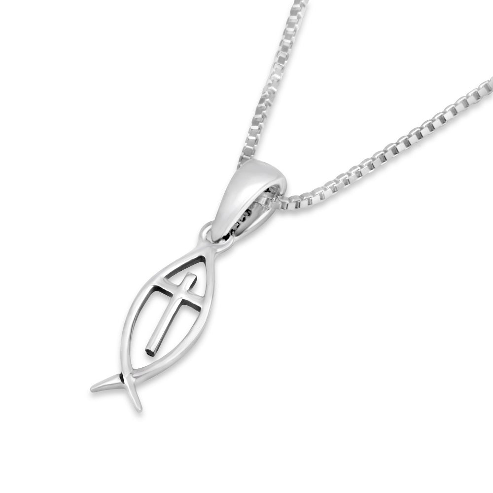 Ichthus Fish & Cross Pendant Necklace, Open Fish Outline, 925 Sterling Silver
