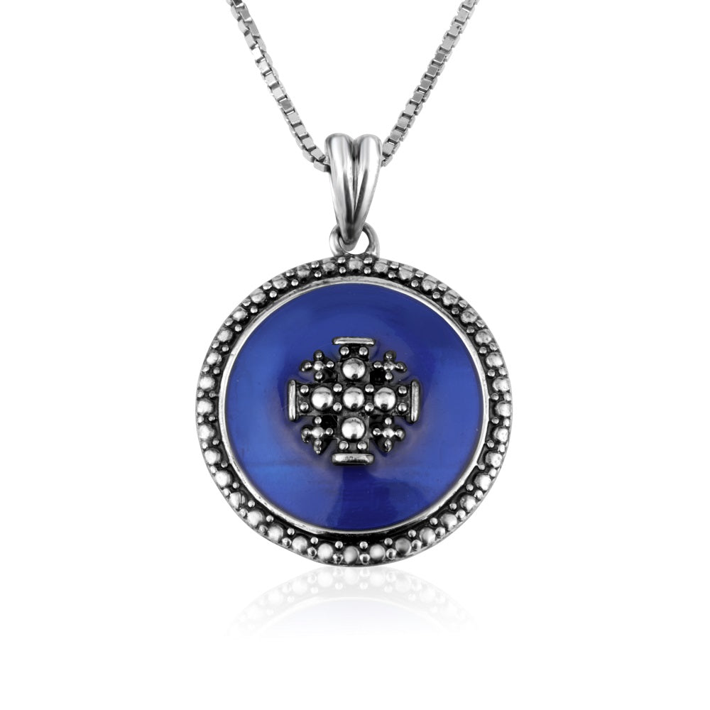 Jerusalem Cross Medallion Necklace, Round Blue Enamel, 925 Sterling Silver