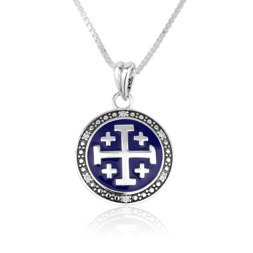 CZ halo Jerusalem Cross pendant necklace in 925 sterling silver by Marina Jewelry