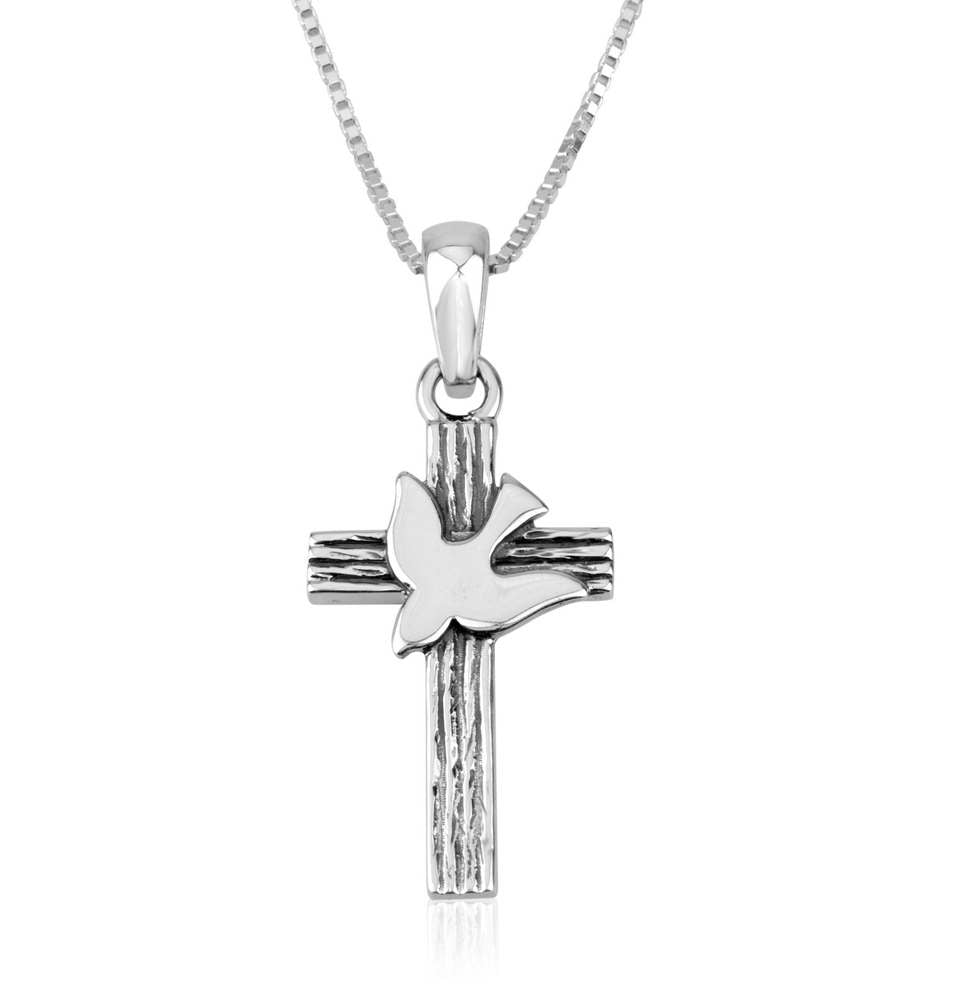 Bark-textured cross pendant with a silver dove in 925 sterling silver by Marina Jewelry