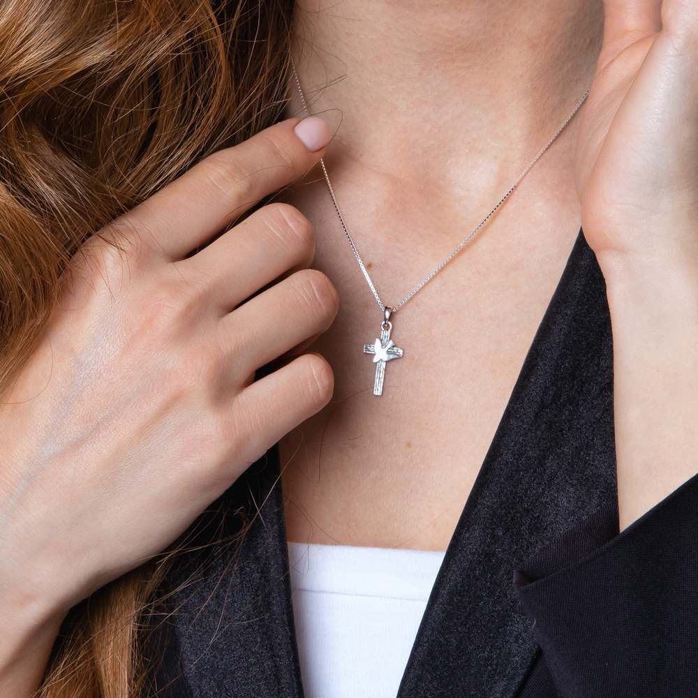 Cross with Dove Pendant Necklace in 925 Sterling Silver – shown worn, close-up