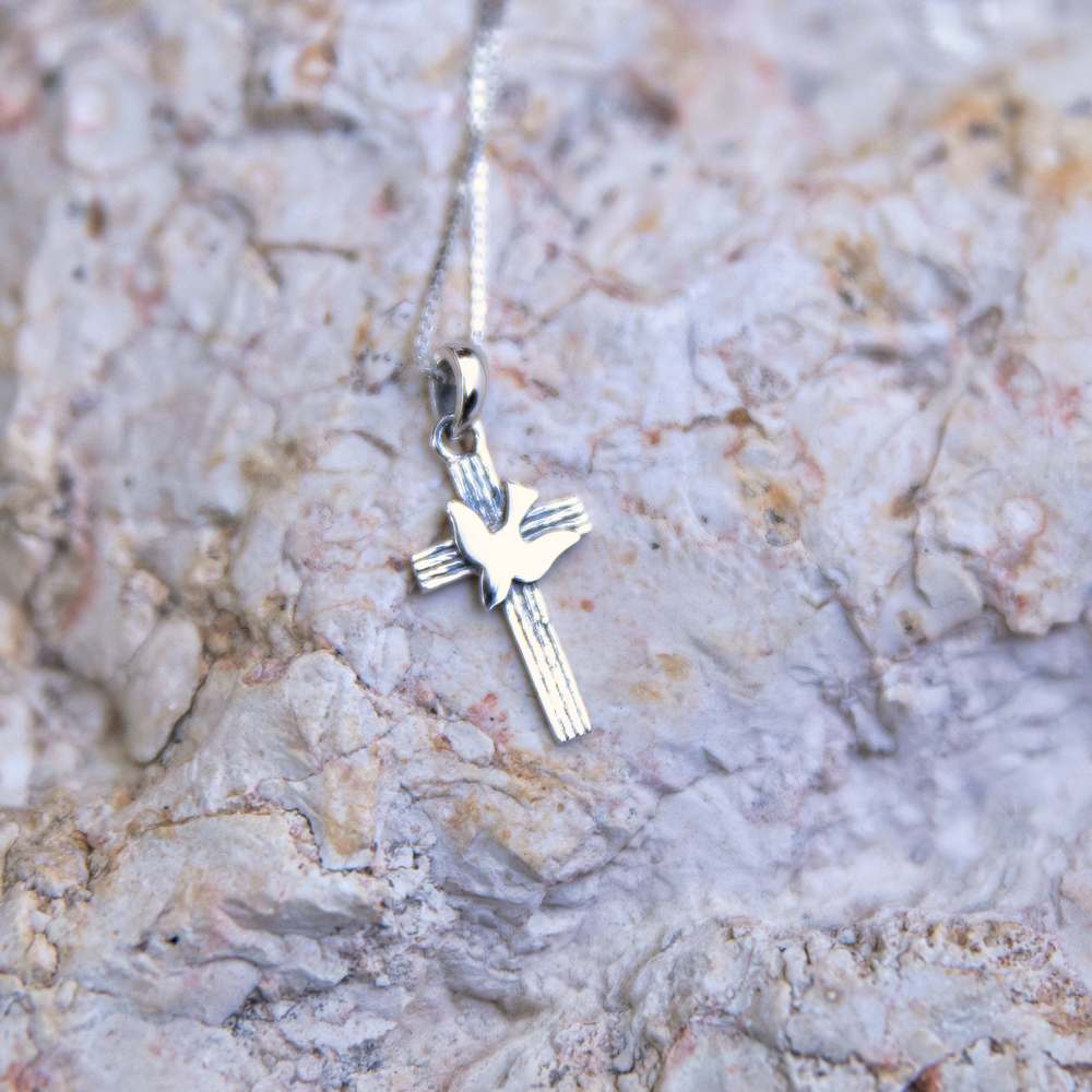 Cross with Dove Pendant Necklace in 925 Sterling Silver – flat lay