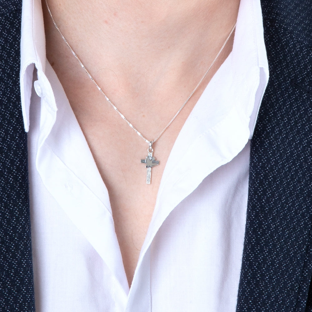 Cross with Dove Pendant Necklace in 925 Sterling Silver – shown worn, close-up