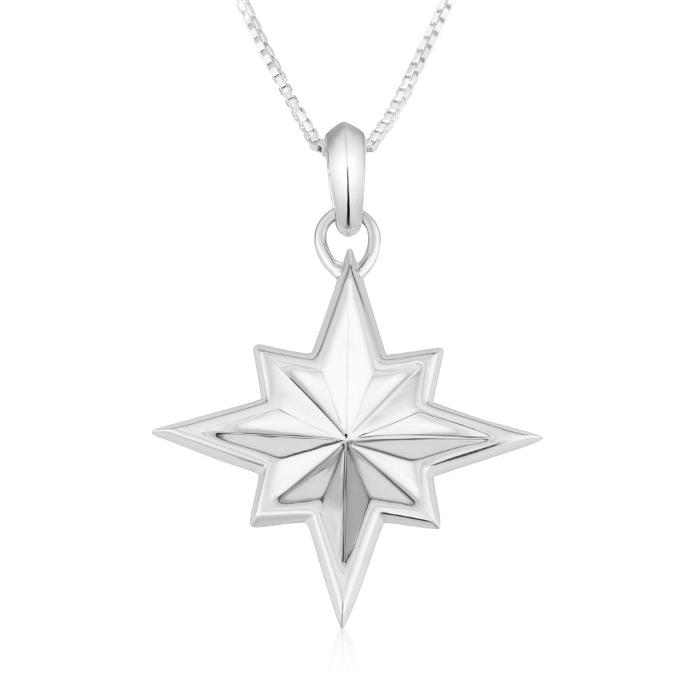 Star of Bethlehem pendant necklace, 3D domed polished 925 sterling silver, by Marina Jewelry