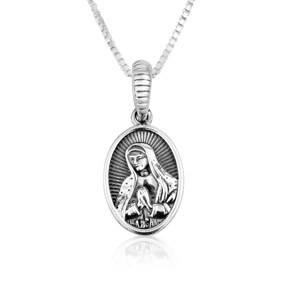 Virgin Mary oval medallion pendant necklace in oxidized 925 sterling silver by Marina Jewelry