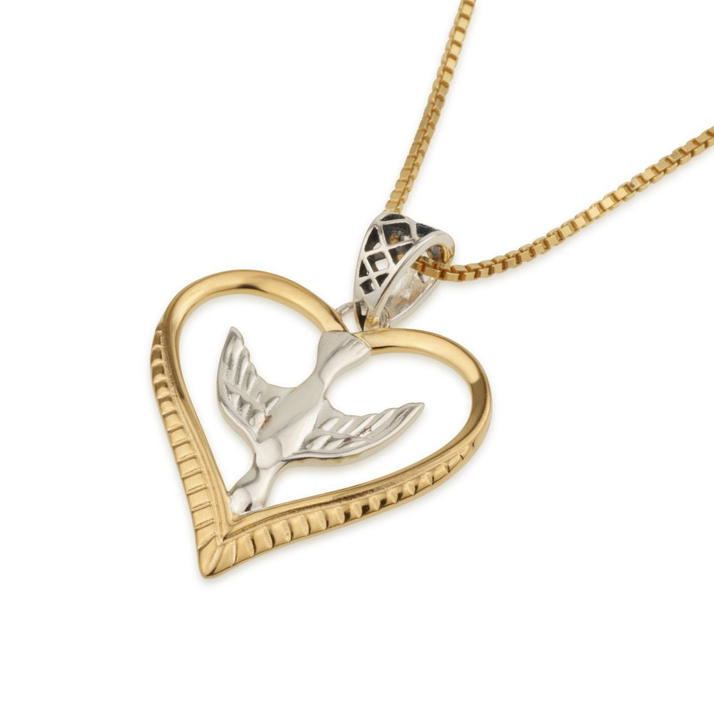 Heart and dove pendant necklace, gold heart and silver dove, by Marina Jewelry