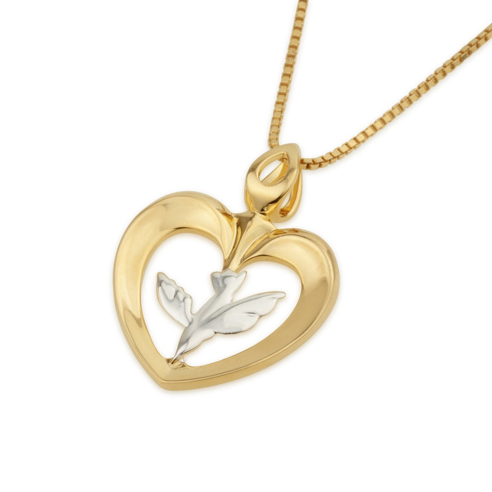 Heart & Dove Pendant Necklace, Gold Heart, Silver Dove