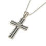 Cross with dove pendant necklace, striped oxidized 925 sterling silver, by Marina Jewelry