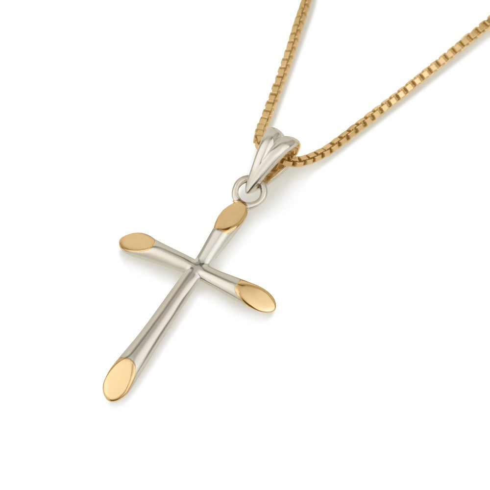 Cross pendant necklace with gold tips in two-tone 925 sterling silver by Marina Jewelry