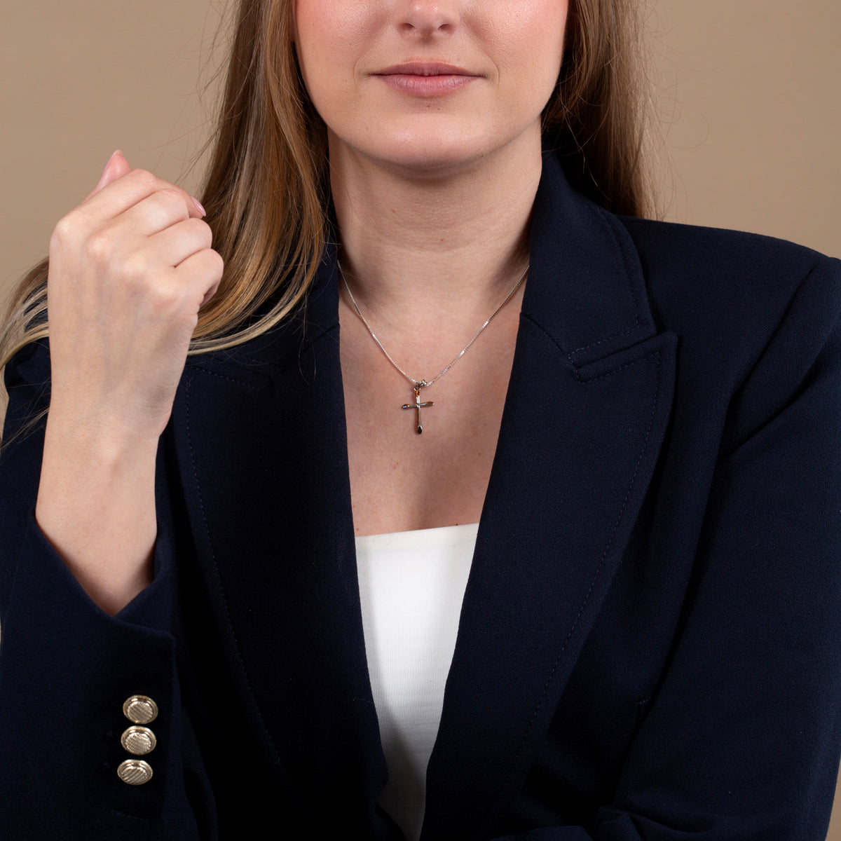 Cross Pendant Necklace, Gold Tips, Two-Tone 925 Sterling Silver – shown worn