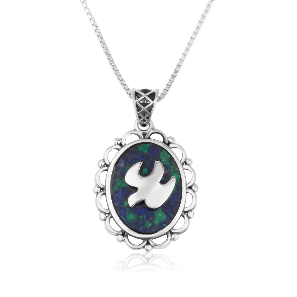 Eilat Stone Dove Pendant Necklace in 925 Sterling Silver, Ornate Frame