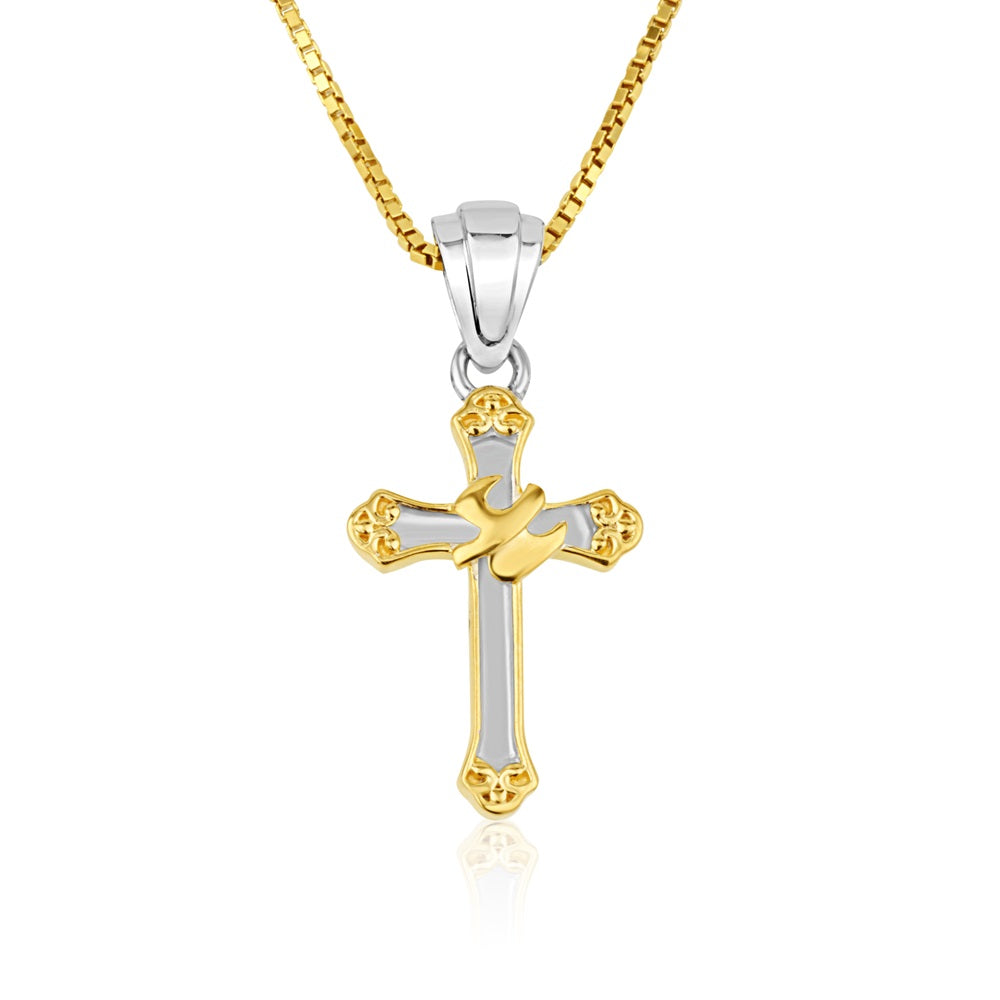 Cross with dove pendant necklace, gold fleur tips, two-tone 925 sterling silver by Marina Jewelry