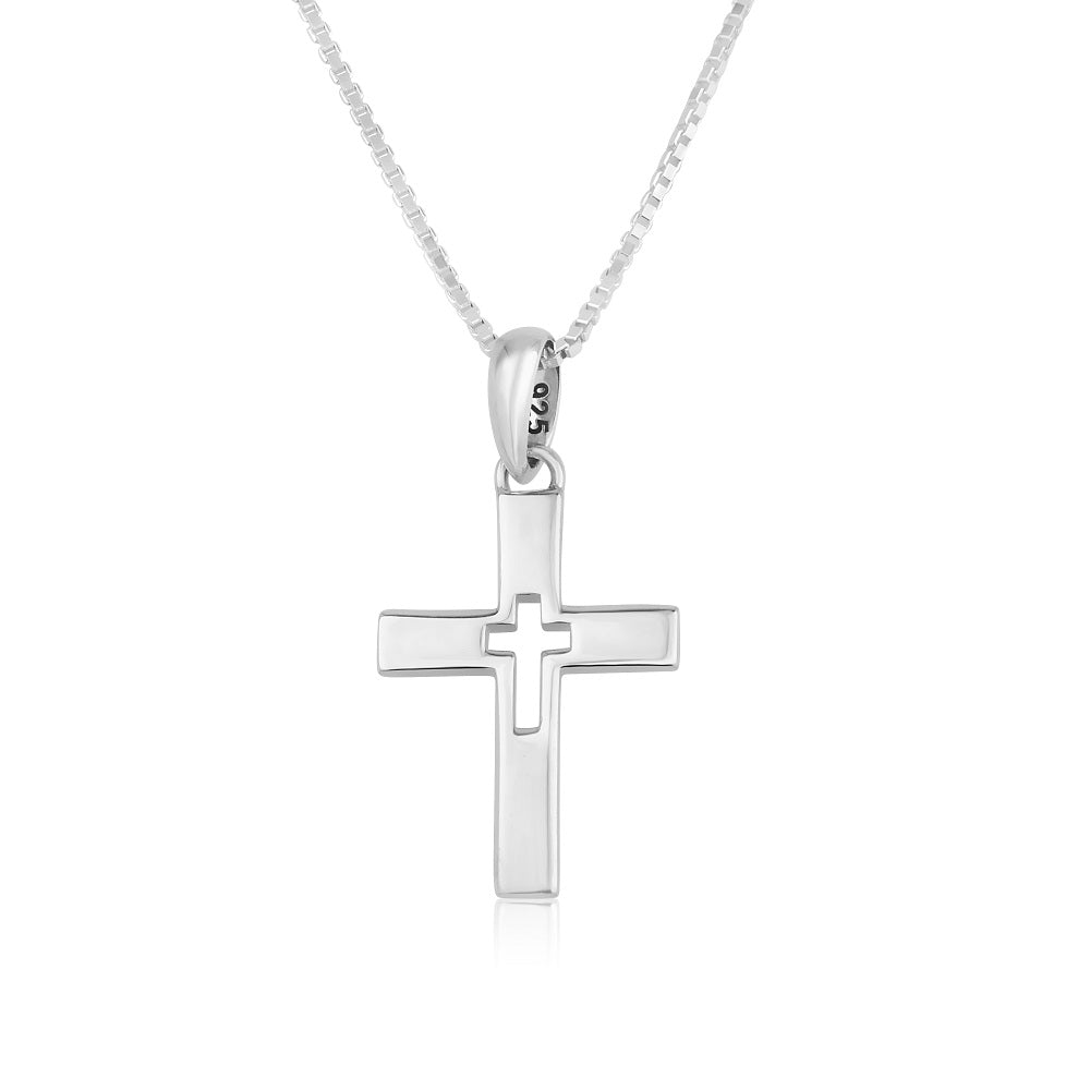 Cross pendant necklace with cut-out center in 925 sterling silver by Marina Jewelry