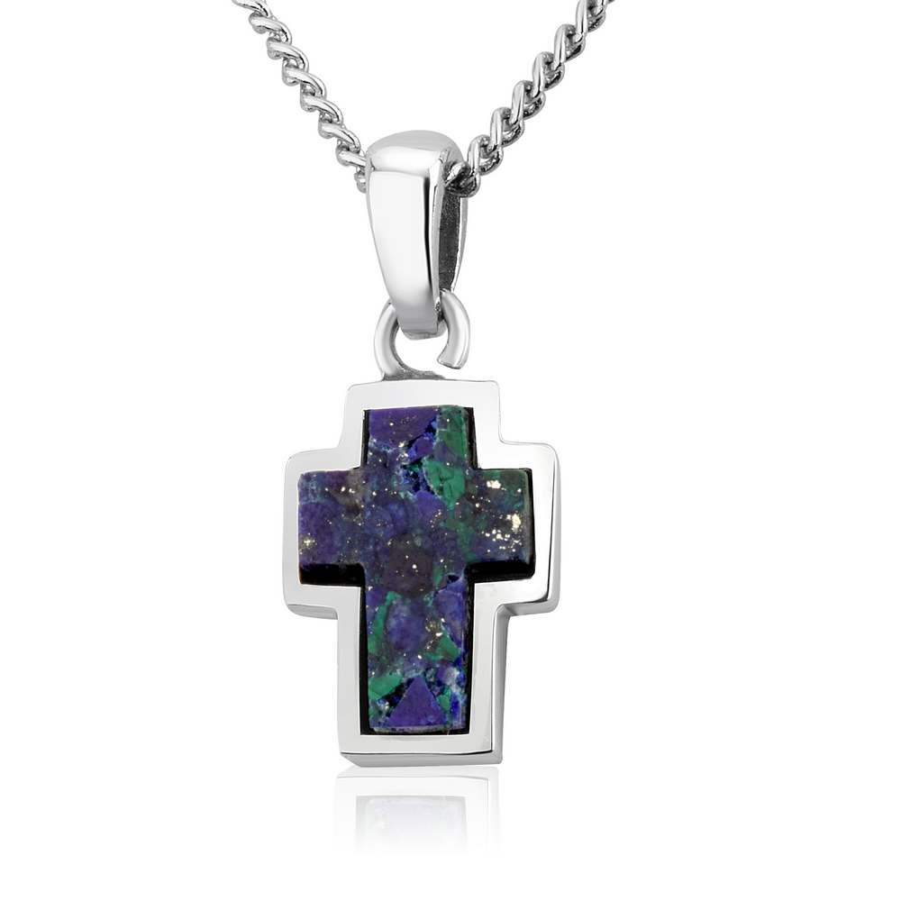 Eilat Stone Cross Pendant Necklace, Chunky Silver Bezel, 925 Sterling Silver