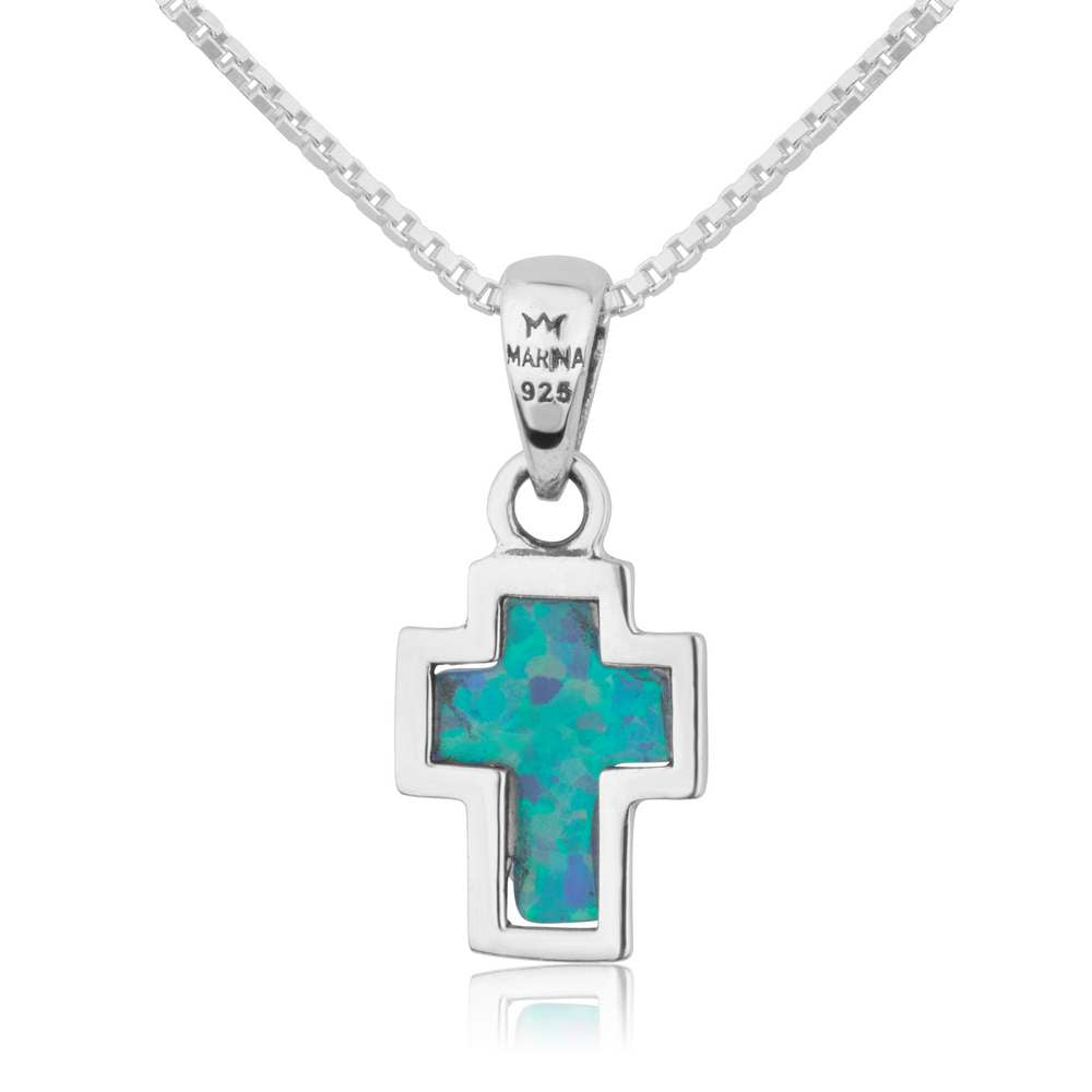 Blue Opal Cross Pendant Necklace, Silver Bezel Frame, 925 Sterling Silver