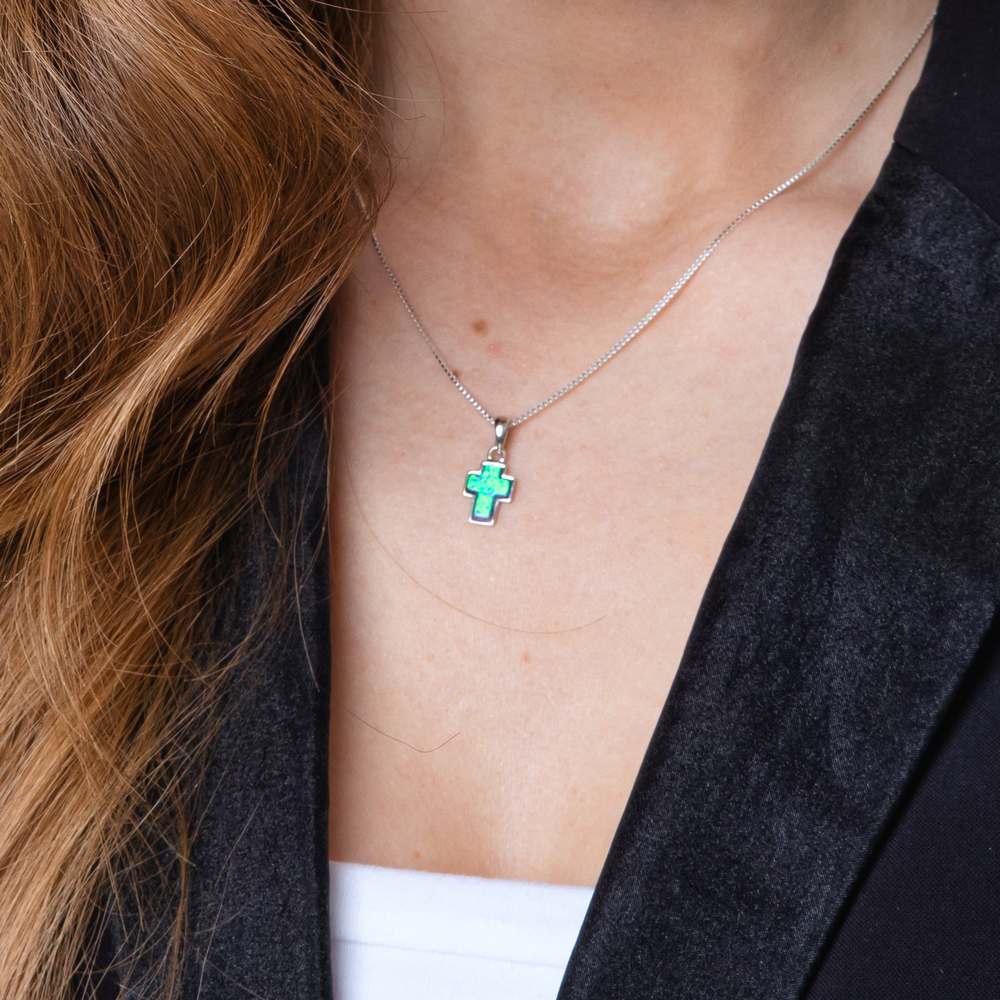 Blue Opal Cross Pendant Necklace, Silver Bezel Frame, 925 Sterling Silver – shown worn, close-up