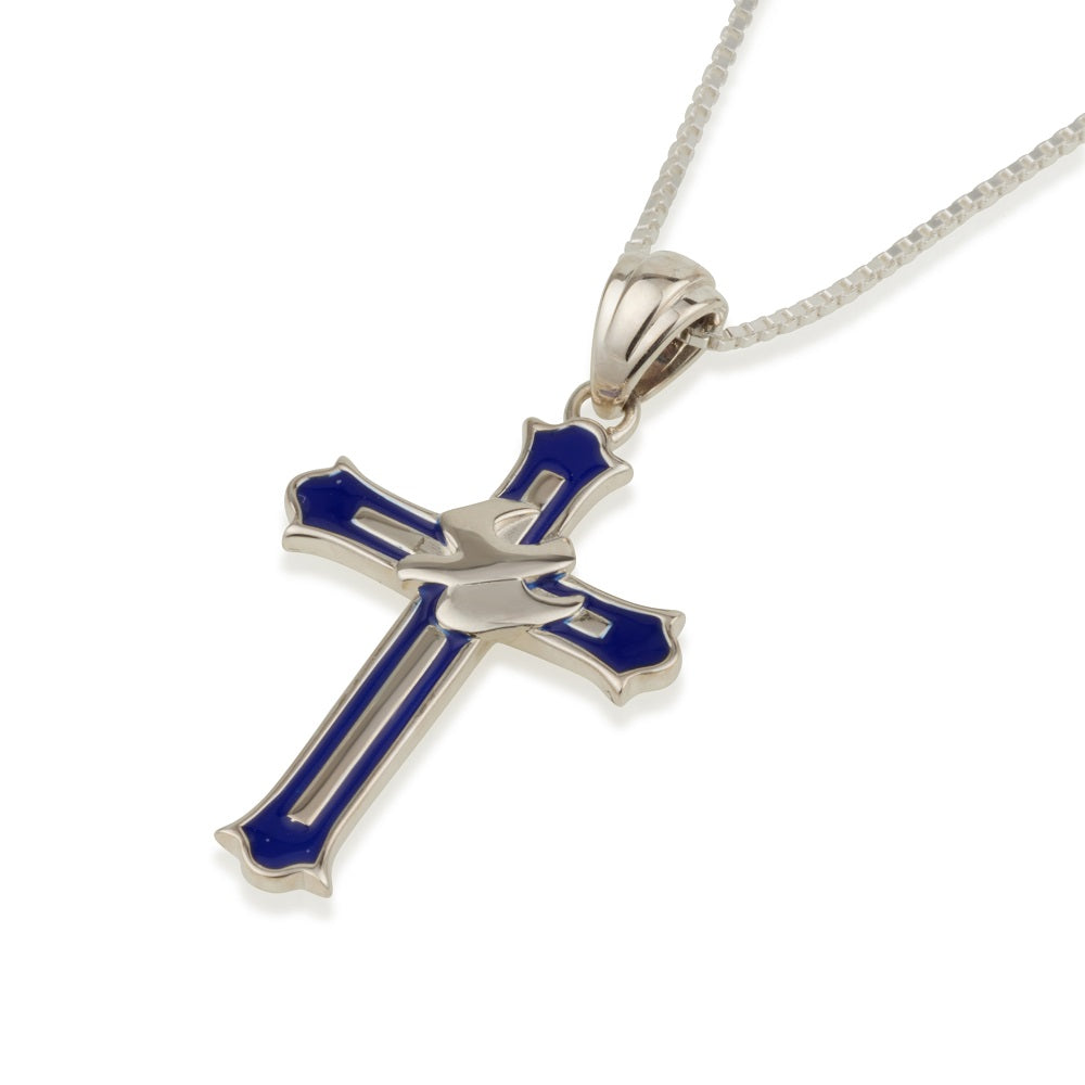 Blue enamel cross and dove pendant necklace in 925 sterling silver by Marina Jewelry