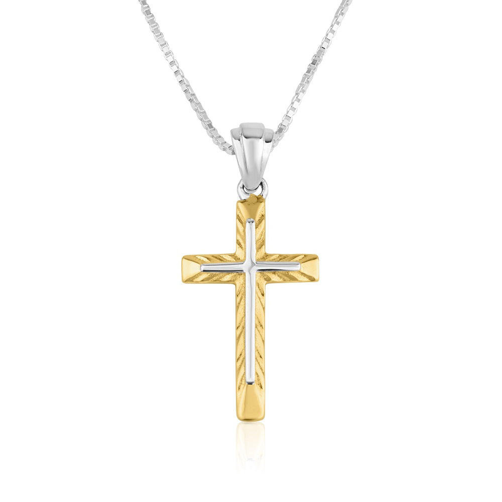 Two-Tone Diamond-Cut Cross Pendant Necklace in Gold-Plated 925 Sterling Silver, Large