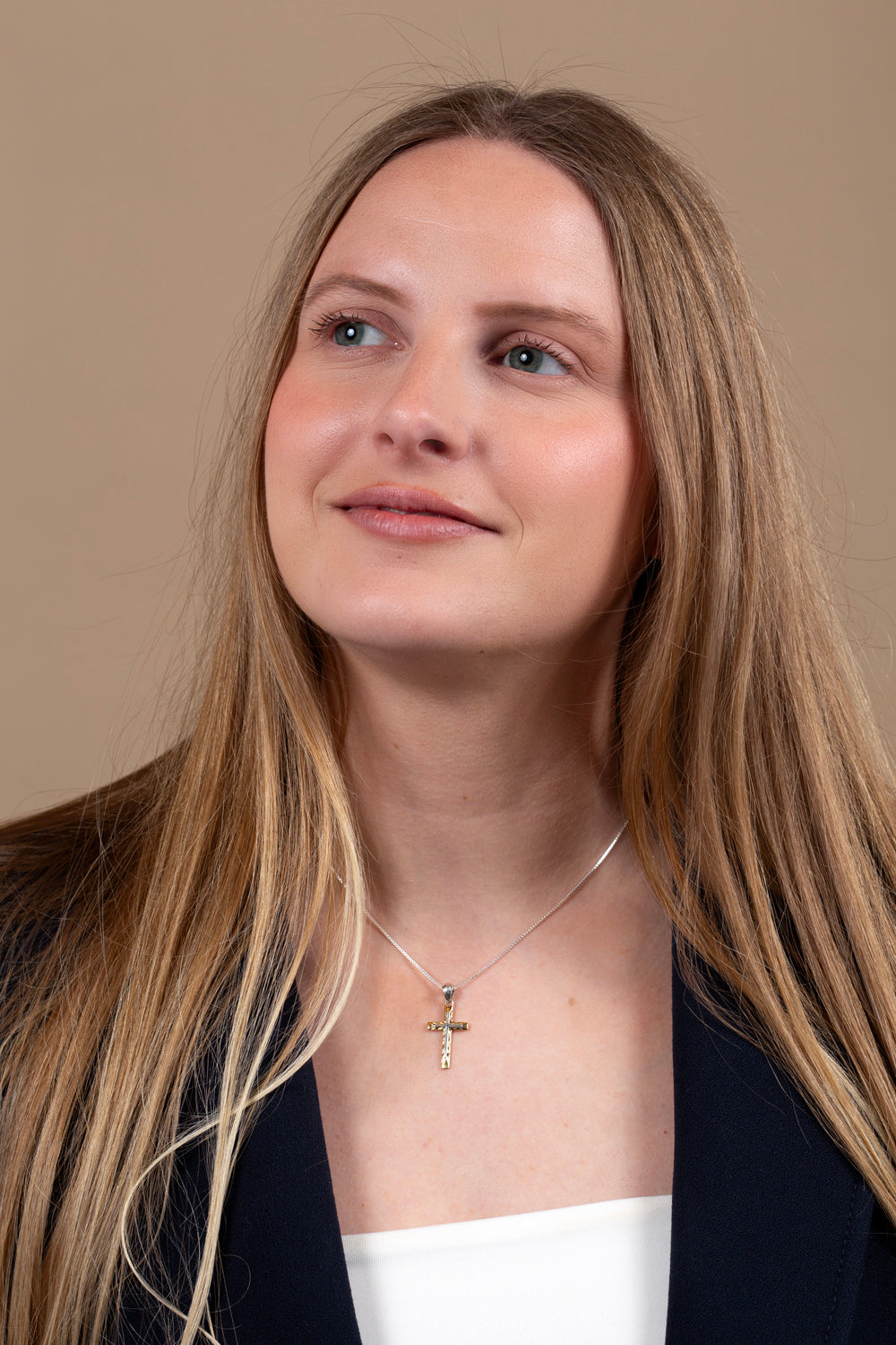 Two-Tone Diamond-Cut Cross Pendant Necklace in Gold-Plated 925 Sterling Silver, Large – shown worn