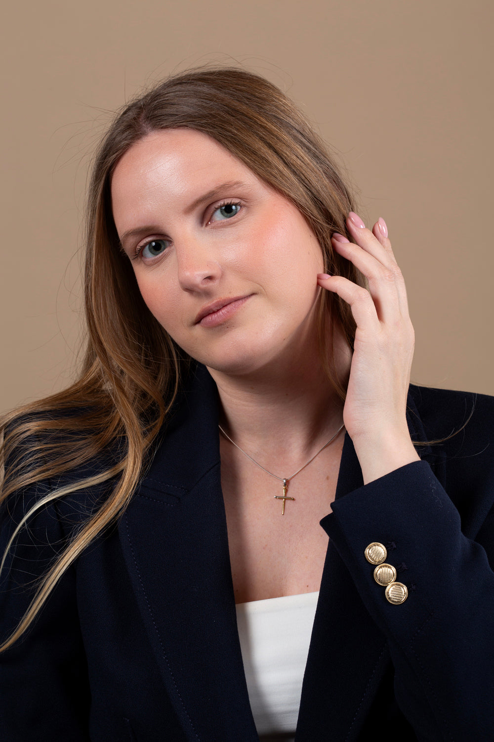 Tubular Cross Pendant Necklace in Gold-Plated 925 Sterling Silver – shown worn