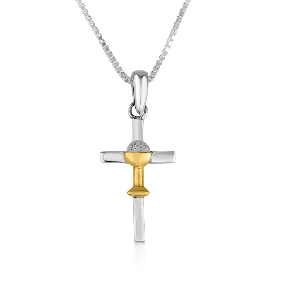 First Communion chalice cross pendant necklace, two-tone gold and silver, by Marina Jewelry
