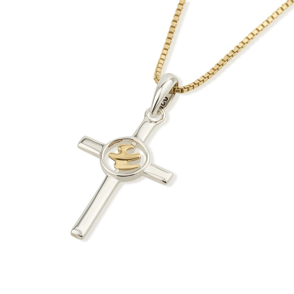 Cross and dove pendant necklace in 925 sterling silver with gold dove accent by Marina Jewelry