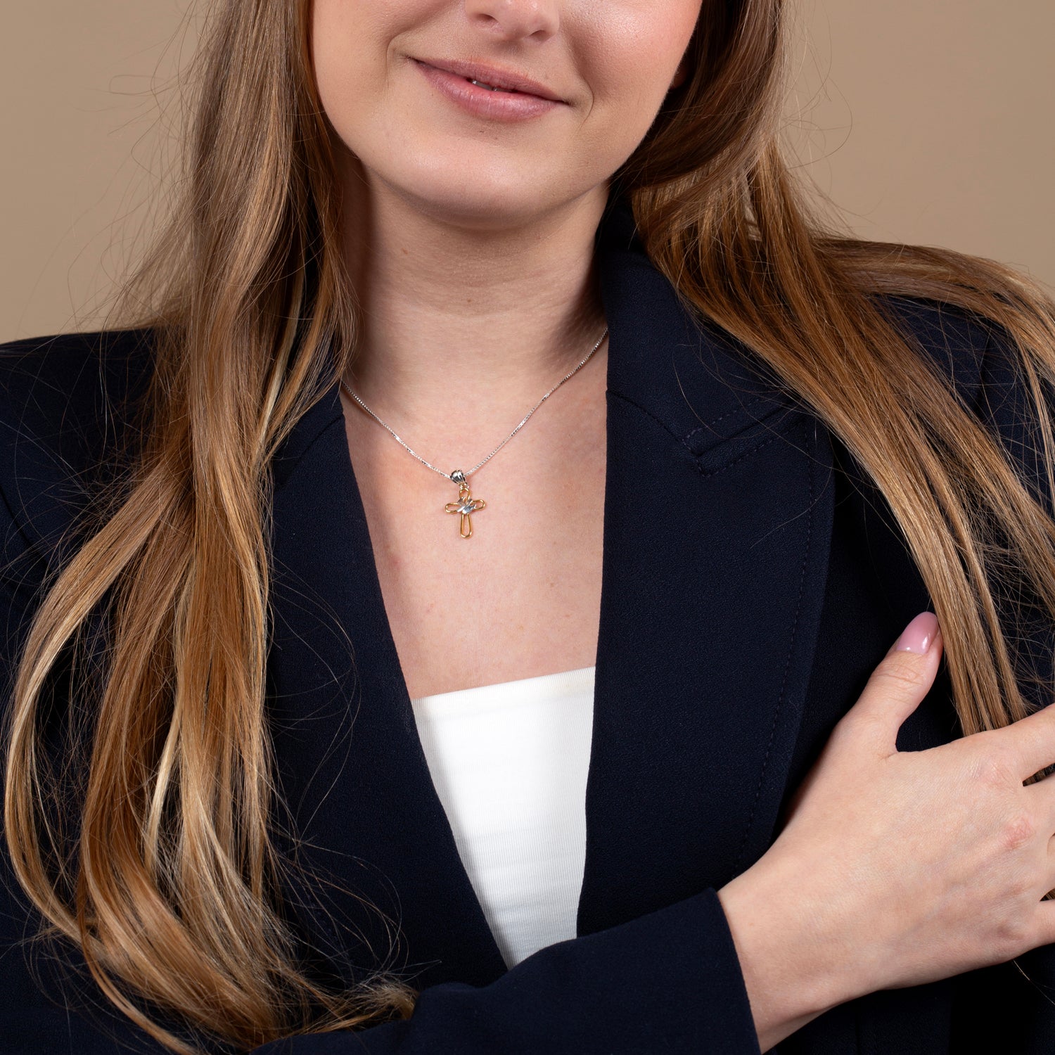 Cross Pendant Necklace, Gold Loop Outline with Silver Dove – shown worn
