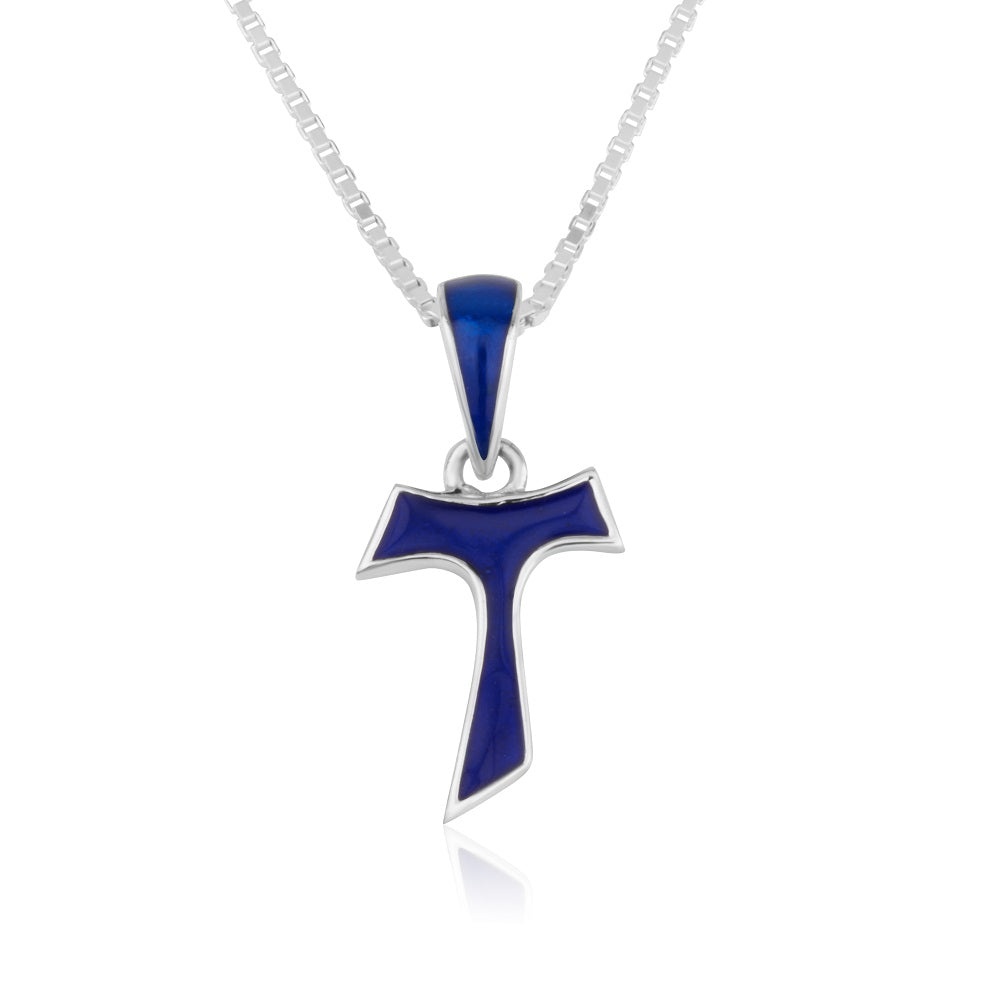 Tau cross pendant necklace in blue enamel 925 sterling silver by Marina Jewelry