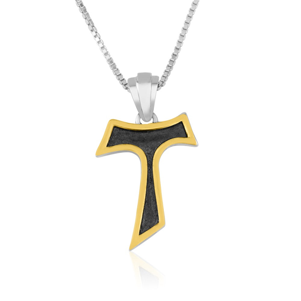 Tau cross pendant necklace, oxidized with gold border, by Marina Jewelry