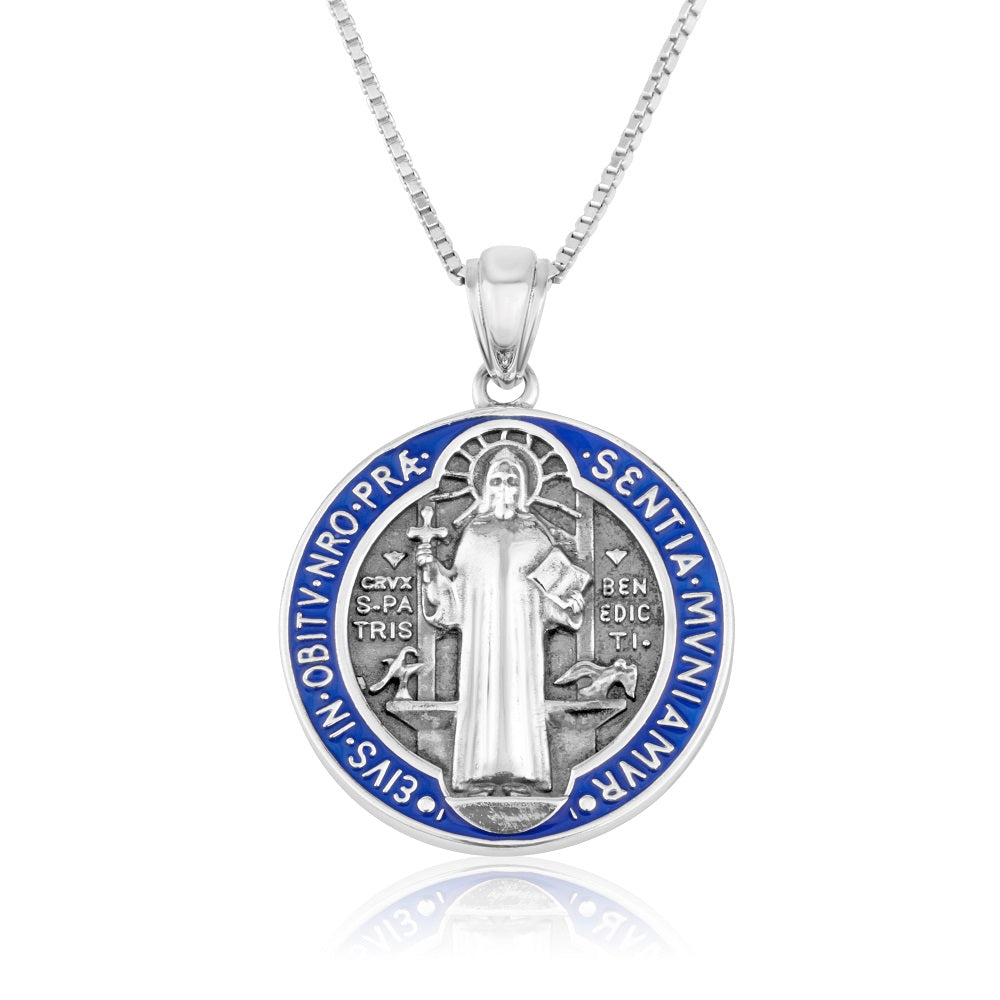 Saint Benedict Medal Pendant Necklace in 925 Sterling Silver, Blue & Red Enamel
