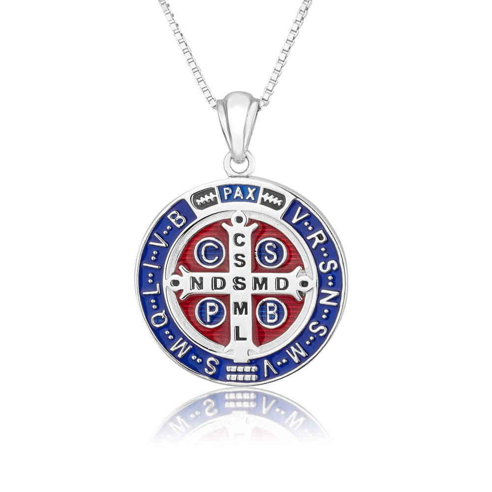 Saint Benedict Medal Pendant Necklace in 925 Sterling Silver, Blue & Red Enamel – back view