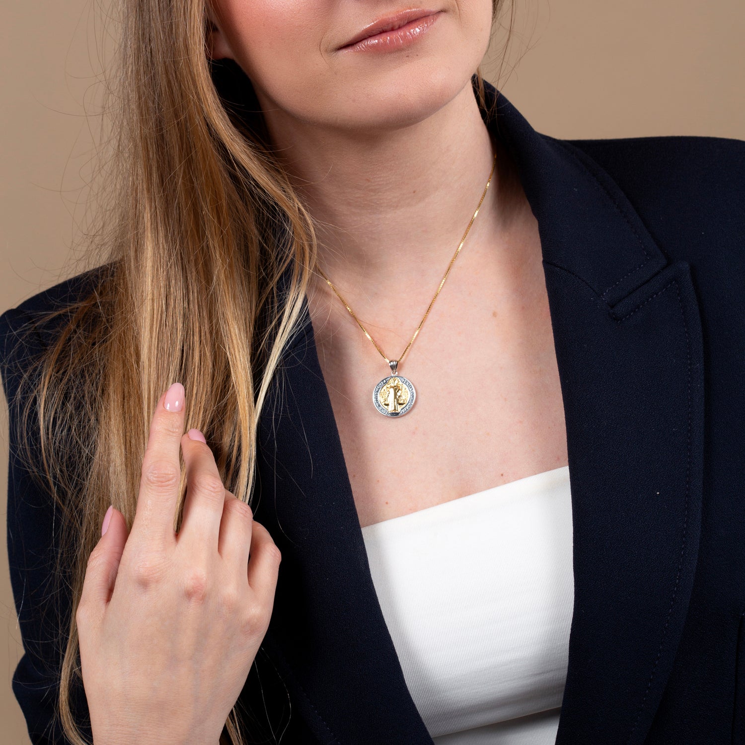Two-Tone Saint Benedict Figure Medal Pendant Necklace in 925 Sterling Silver – shown worn
