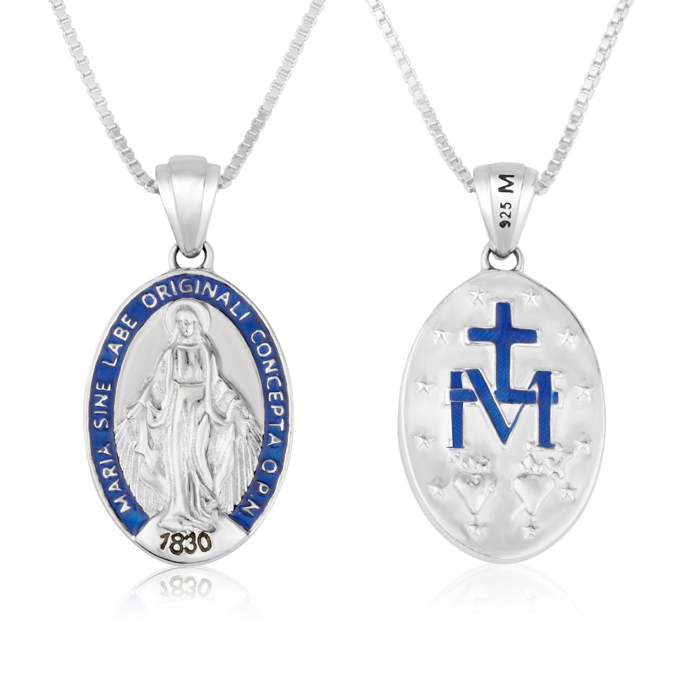 Large Miraculous Medal pendant necklace in 925 sterling silver with blue enamel border by Marina Jewelry