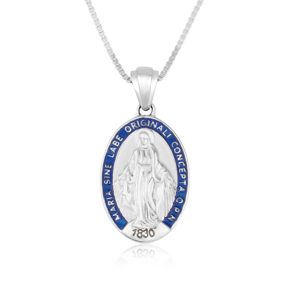Miraculous Medal Pendant Necklace in 925 Sterling Silver, Large, Blue Enamel Border