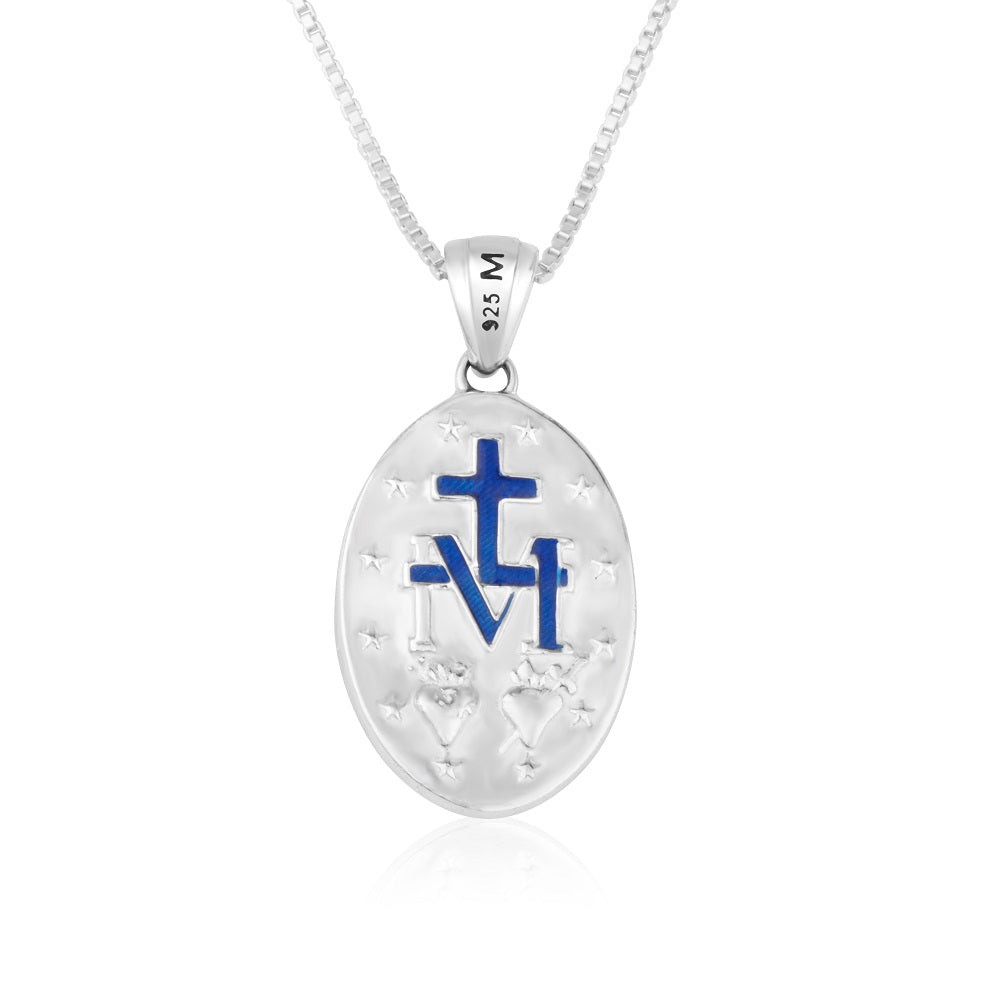 Miraculous Medal Pendant Necklace in 925 Sterling Silver, Large, Blue Enamel Border – back view
