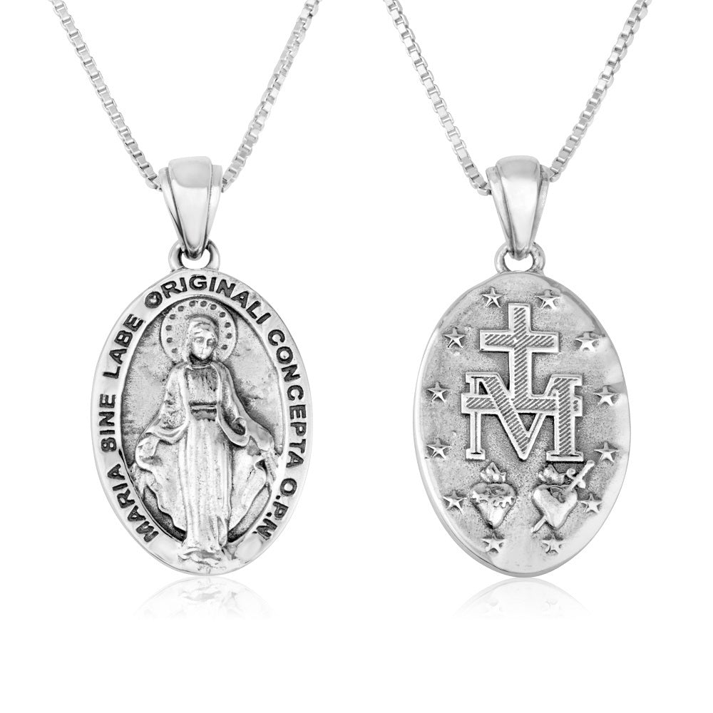 Miraculous Medal Pendant Necklace in Oxidized 925 Sterling Silver, Plain Oval