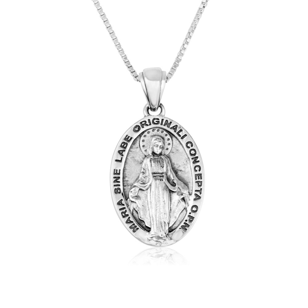 Miraculous Medal Pendant Necklace in Oxidized 925 Sterling Silver, Plain Oval