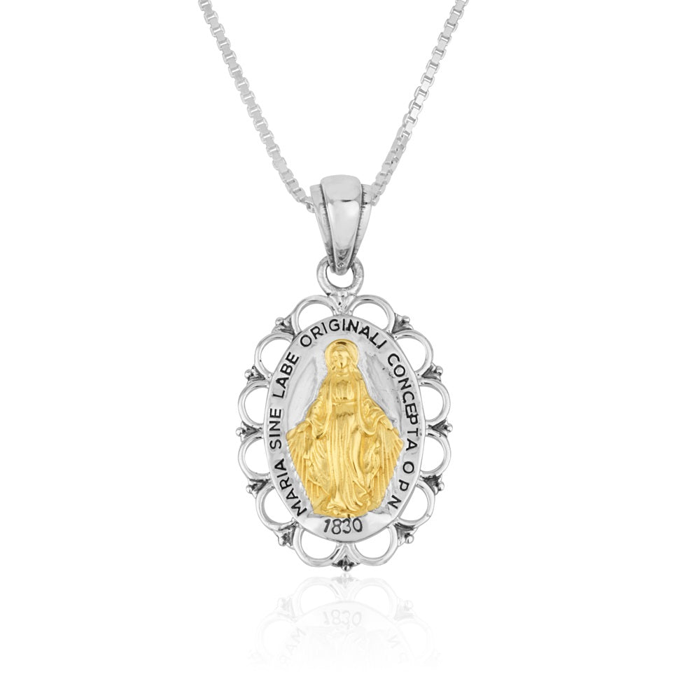 Two-Tone Miraculous Medal Pendant Necklace in 925 Sterling Silver, Rope Border
