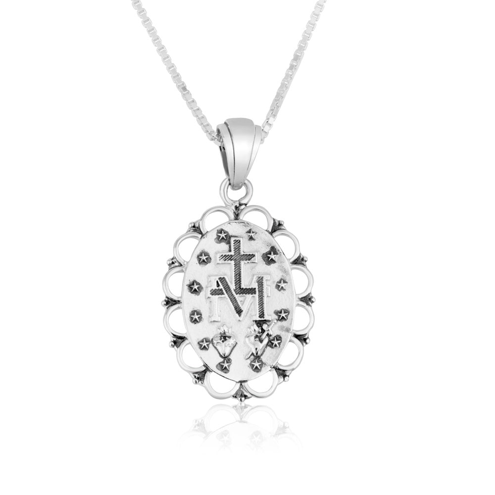 Two-Tone Miraculous Medal Pendant Necklace in 925 Sterling Silver, Rope Border – back view