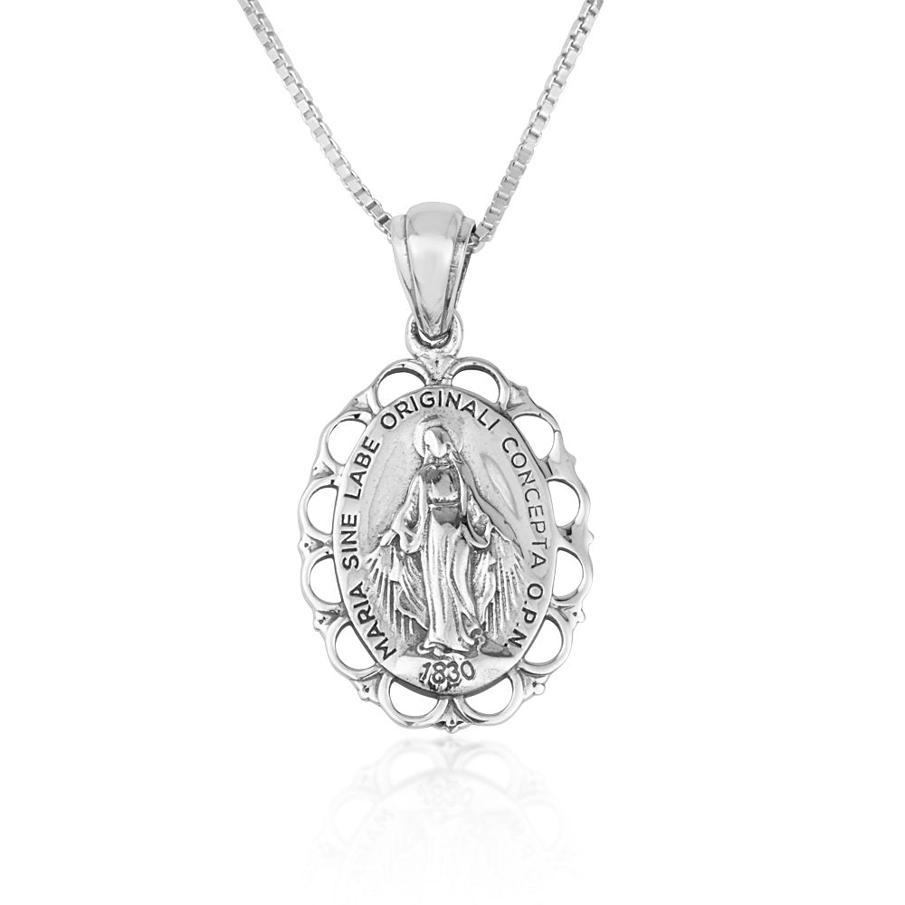 Miraculous Medal Pendant Necklace in 925 Sterling Silver, Rope Border