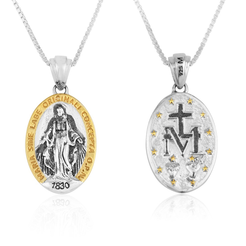 Miraculous Medal pendant necklace in 925 sterling silver with gold border accents by Marina Jewelry