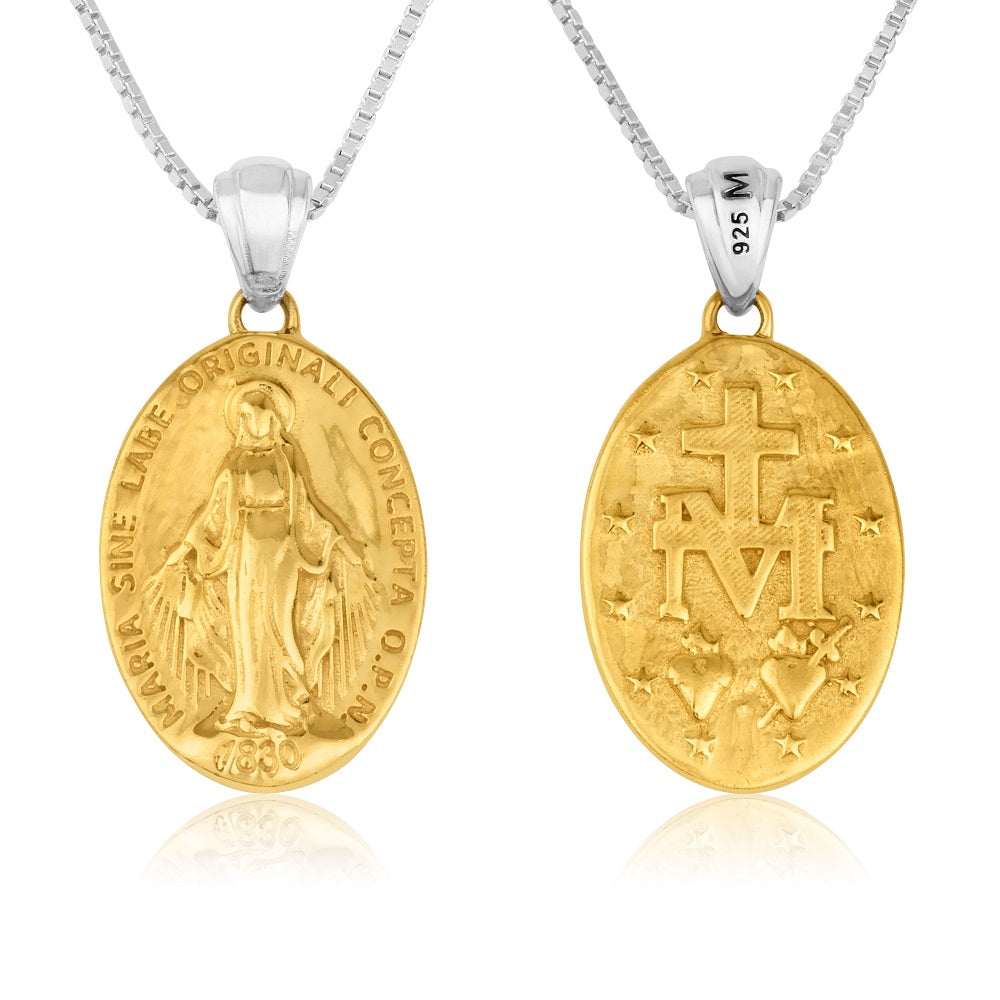 Miraculous Medal Pendant Necklace in Gold-Plated 925 Sterling Silver, Full Gold