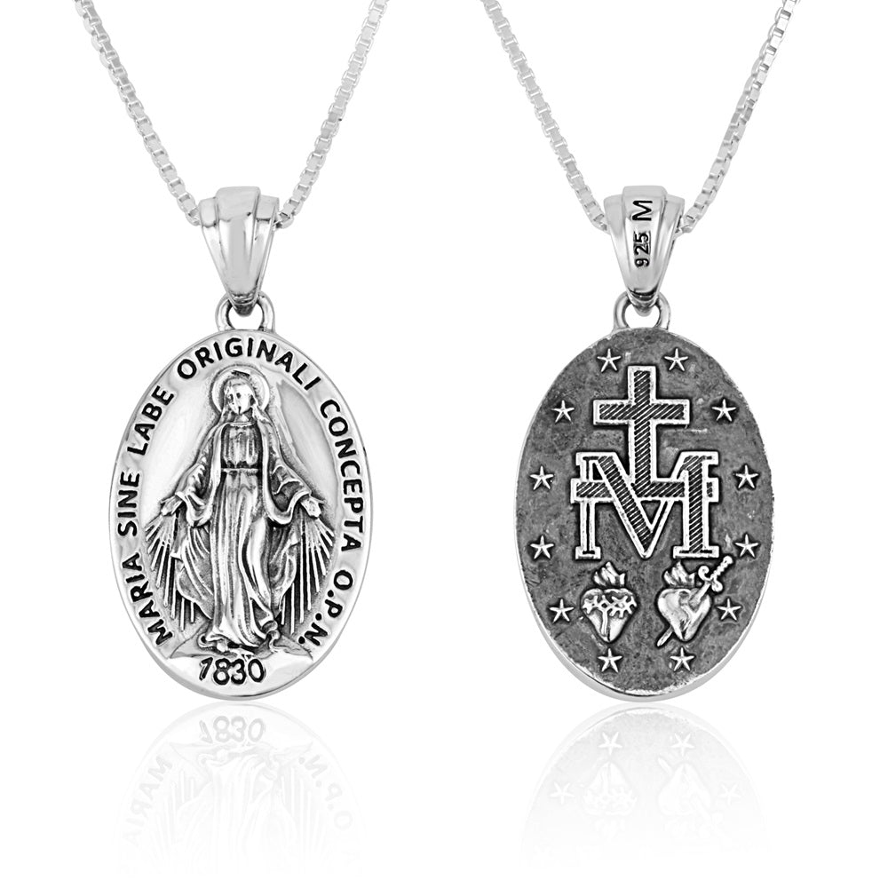 Miraculous Medal Pendant Necklace, Large Oval, Oxidized 925 Sterling Silver