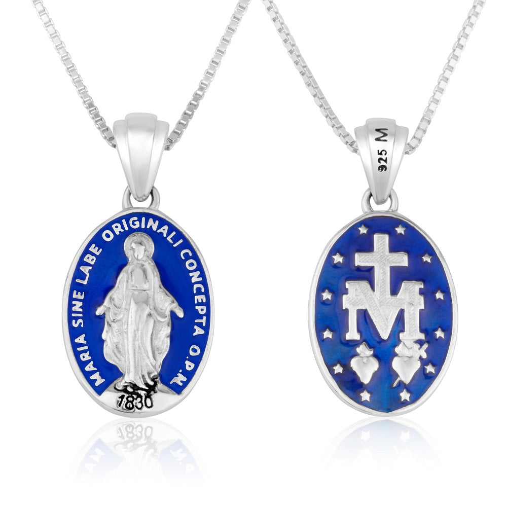 Miraculous Medal pendant necklace in 925 sterling silver with full blue enamel field by Marina Jewelry