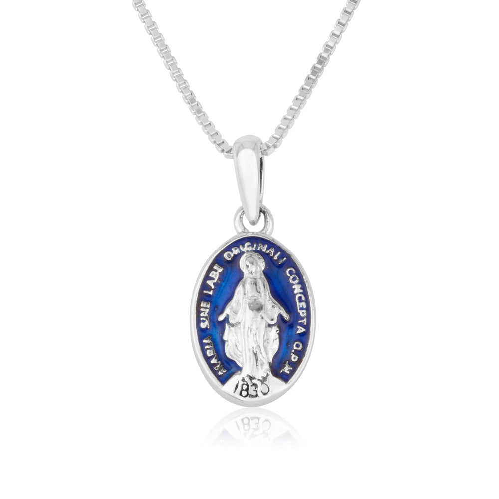 Miraculous Medal Pendant Necklace in 925 Sterling Silver, Full Blue Enamel