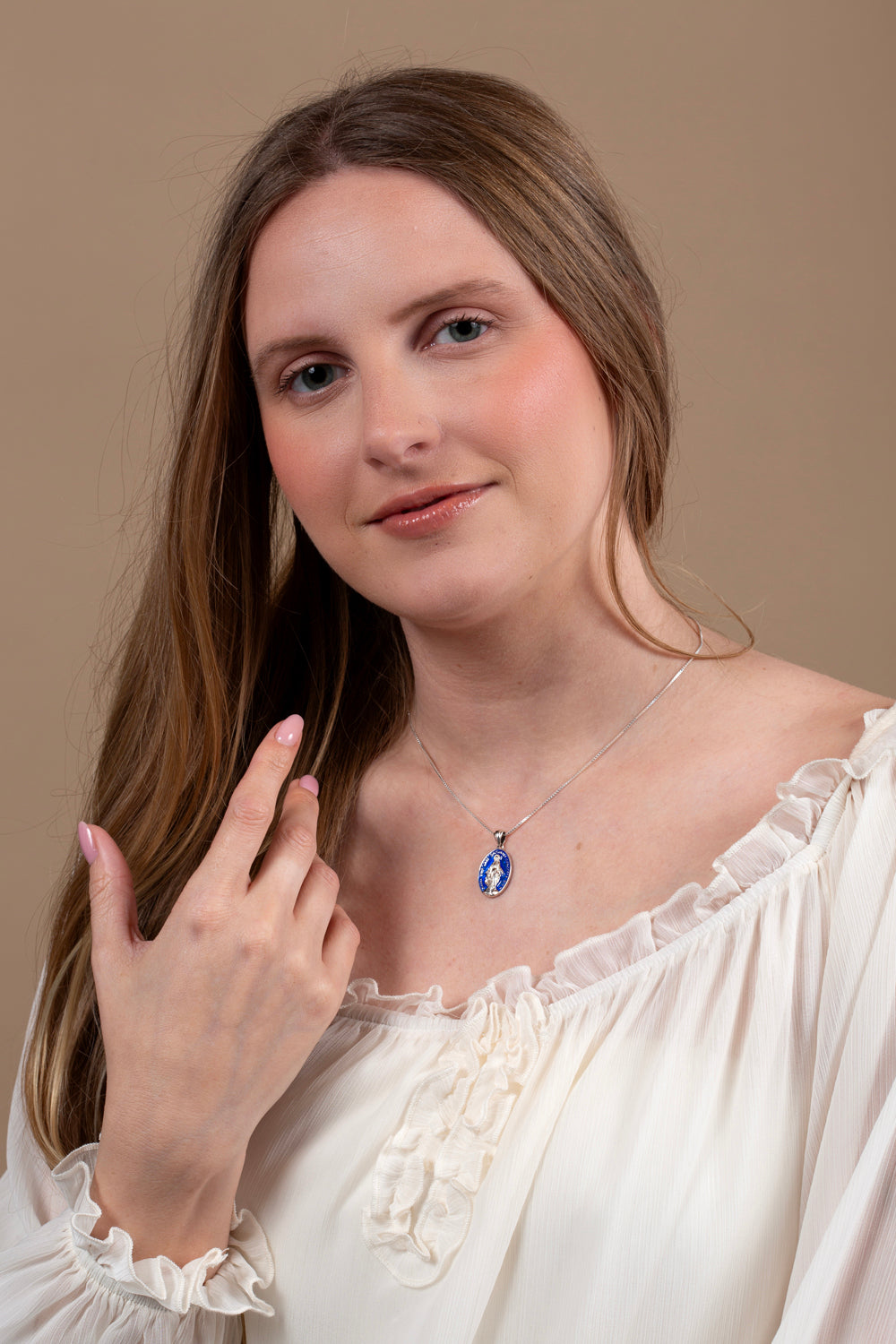 Miraculous Medal Pendant Necklace in 925 Sterling Silver, Full Blue Enamel – shown worn