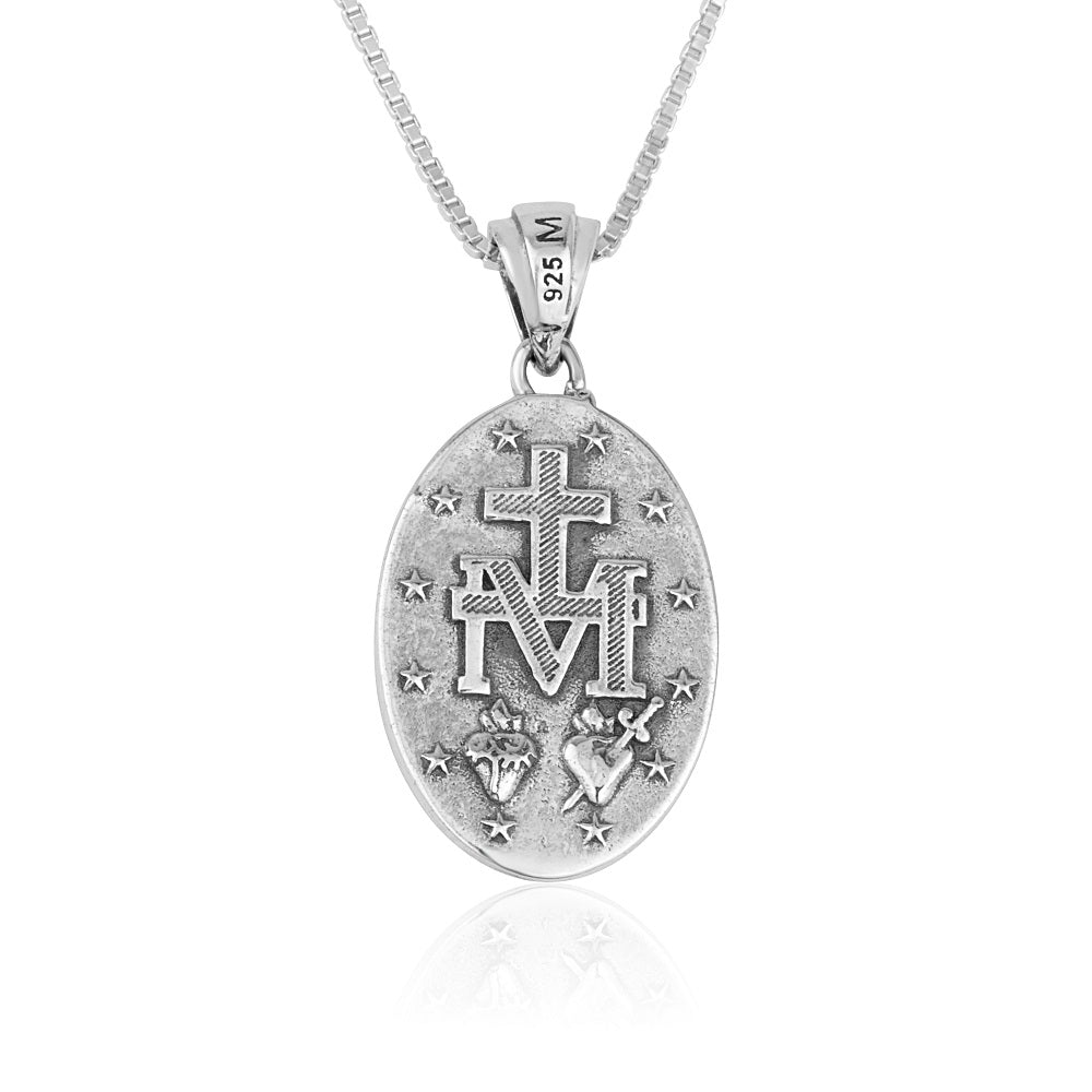 Miraculous Medal Pendant Necklace in Oxidized 925 Sterling Silver, Antique Finish – back view