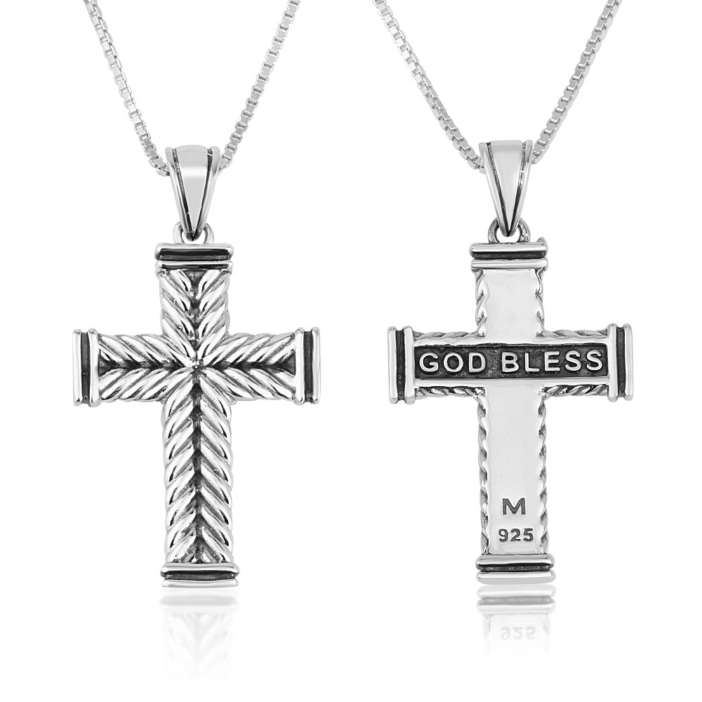 Cross pendant necklace, chevron texture, God Bless inscription, in 925 sterling silver by Marina Jewelry